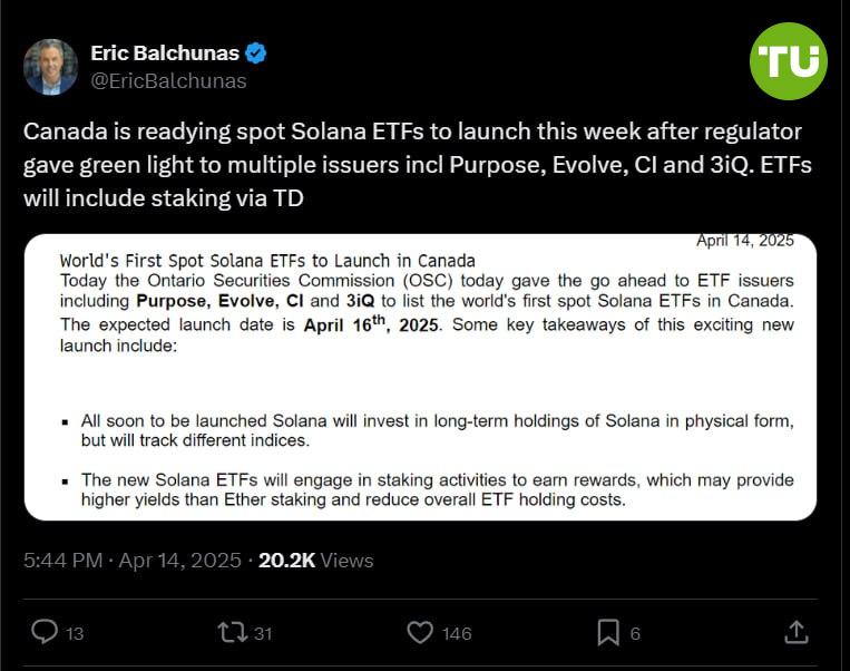 Регулятор Канады одобрил листинг спотовых Solana-ETF 16 апреля