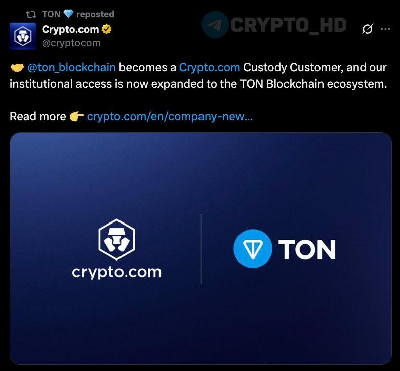 #TON Американским институционалам открыли доступ к TON – анонс В Crypto․com Custody объявили об интеграции блокчейна – институционалы официально могут хранить и управлять активами на TON. Ранее: скандал с Golden Visa Crypto Headlines